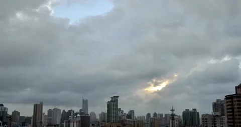 City cloud during storm rain hurricane heavy rainy sunset Stock Footage 334646798