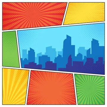 City on comic page. Comics book frames composition on strip halftone backgr.. Stock Illustration