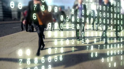City commuters made of binary code overlaid by a world map made of numbers. Stock Footage 41267465
