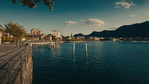 City of Como with Como lake in the foreground and a boat Video stock 139277589