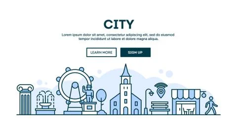 City, concept header, flat design thin line style Stock Illustration