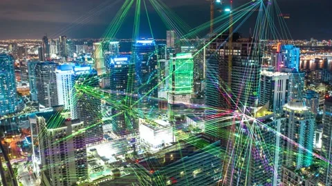 City connected through 5G, wireless network, Ai technology data communication Stock Footage 113192620