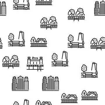 City Construction And Landscape Vector Seamless Pattern 스톡 일러스트