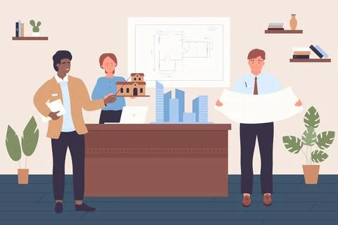 City construction, engineering technology, architects work on skyscraper house Stock Illustration