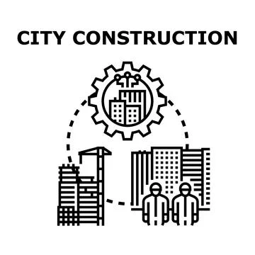 City construction process with building development and infrastructure growth Stock Illustration
