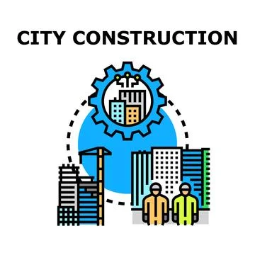 City construction process with building development and infrastructure growth Stock Illustration