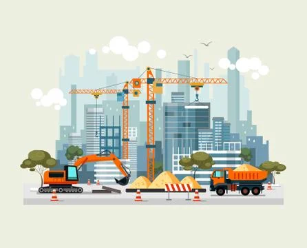 City construction work process with machines 스톡 일러스트