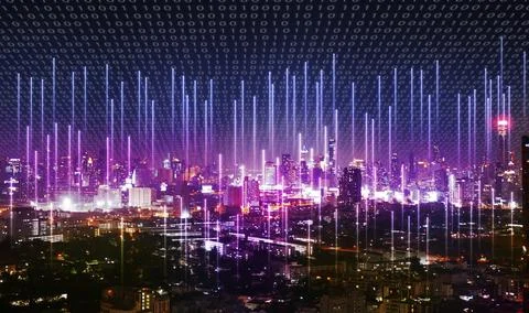 A city covered by binary code with cellular signal everywhere sending into .. Foto stock