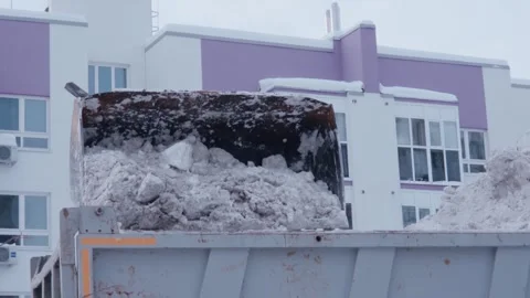 City crew clears winter snow. Municipal team disposes snow from container. Stock Footage 345203416