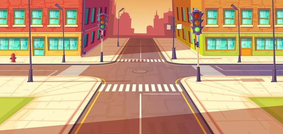 City crossroads, intersection vector illustration. Urban highway, crosswalk with 스톡 일러스트