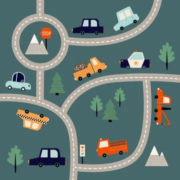 City cute trucks cars mountains composition kids Stock Illustration