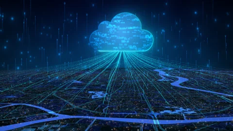 City data and information flow are uploaded to cloud networks and servers. Stock Footage 322900150