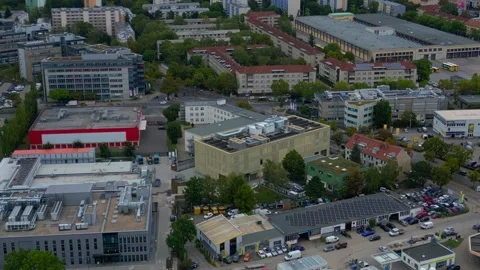 City data center building using solar cooling system. Unique aerial view drone Stock Footage 345336870