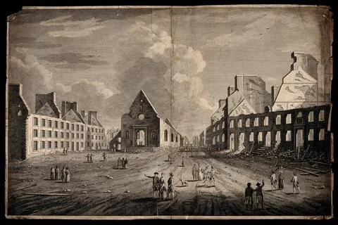 A city devastated by an earthquake or a fire. Etching, 17--. Stock Illustration
