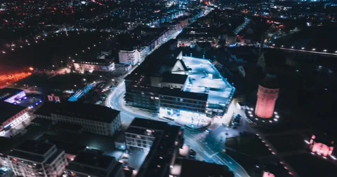 City Drone Hyperlapse at Night in Rastatt Germany Baden Württemberg Stock Footage 169257537