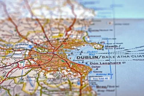 City of Dublin on a paper map - selective focus Stock Photos