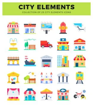 City element icons featuring buildings. transportation. and urban features Ilustración de archivo