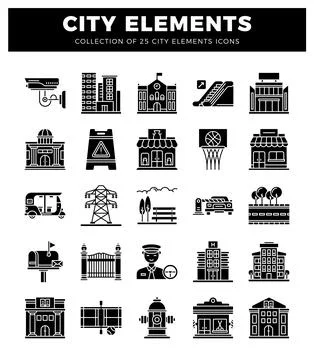 City element icons featuring buildings and infrastructure Ilustración de archivo