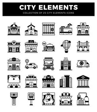 City element icons featuring buildings. transportation. and amenities. Ilustración de archivo