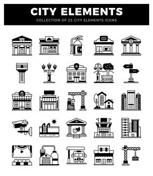 City element icons featuring diverse urban structures and amenities. Stock Illustration