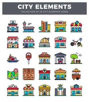 City element icons. flat design style. on white background Stock Illustration