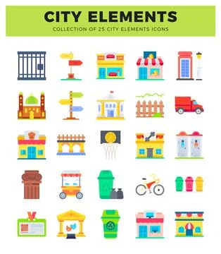 City element icons in a flat design style. Includes buildings. street signs.. Stock Illustration