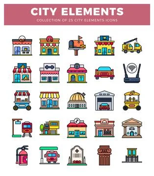 City element icons in a flat design with clean lines and bright colors. dep.. Illustrazione stock