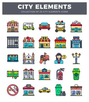 City element icons in flat design style on white background. Stockillustratie