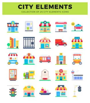 City element icons. flat design. various buildings and vehicles. Ilustración de archivo
