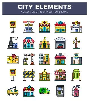 City element icons. flat design with colorful buildings. vehicles. and stre.. Ilustración de archivo