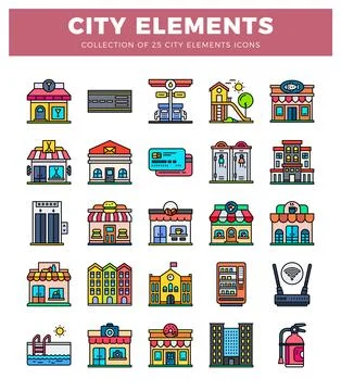 City element icons in flat design style Ilustración de archivo