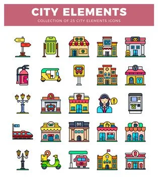 City element icons. flat design. colorful. vector graphics. white background Illustrazione stock