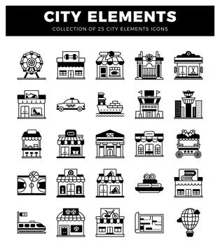City element icons in a grid formation. featuring buildings. transportation.. Ilustración de archivo