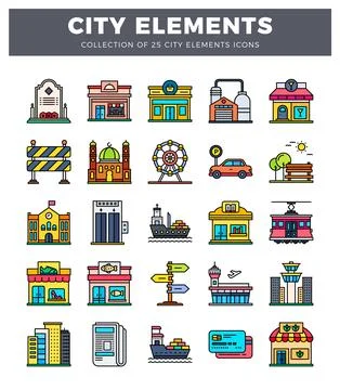 City element icons in a grid layout on white Stock Illustration