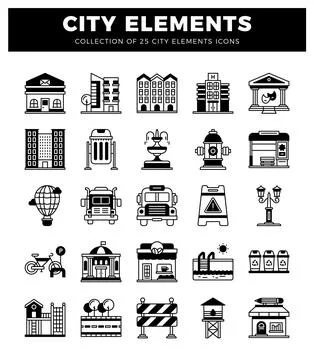 City element icons. Icons include buildings. transportation. Ilustración de archivo