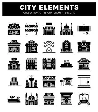City element icons. including buildings. power lines. and public spaces. 库存插图