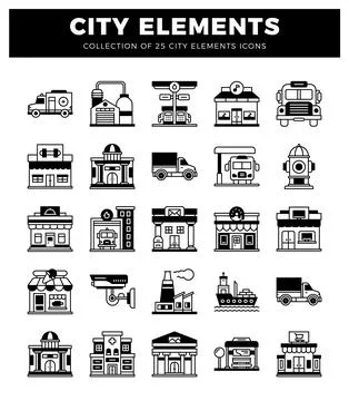 City element icons. including vehicles. buildings. and infrastructure. pres.. Ilustración de archivo