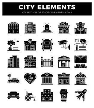 City element icons presented in a grid layout Stock Illustration