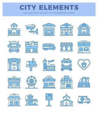 City element icons. Vector illustration of buildings. transportation. and s.. Ilustración de archivo