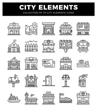 City element icons on a white background with a black header Ilustración de archivo