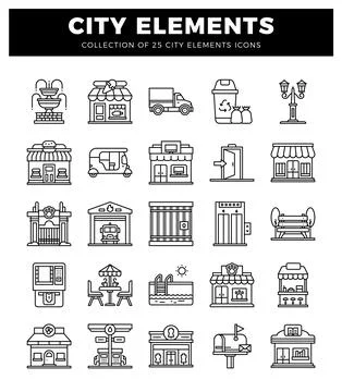 City element icons on white background. a compilation of urban symbols in a.. Stock-Illustration