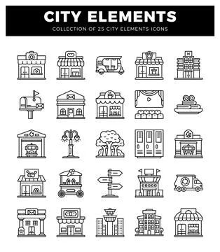 City elements and icons in flat line art style. abstract. with building sym.. 스톡 일러스트