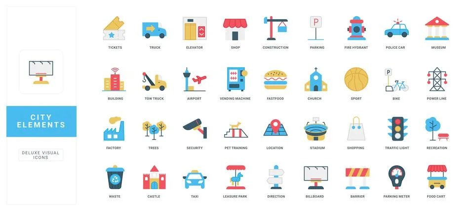 City elements, building and infrastructure, transport and power lines color icon 스톡 일러스트