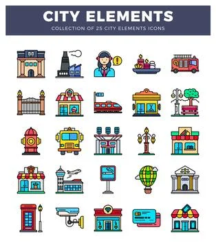 City Elements collection with 25 icons in flat design style 库存插图