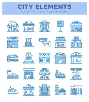 City elements collection with 25 icons of urban features and buildings イラスト素材