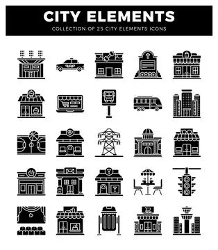 City elements collection with 25 vector icons. 스톡 일러스트
