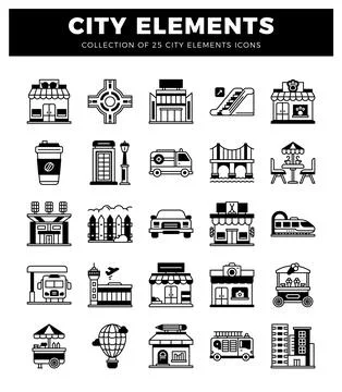 City Elements Collection 25 Vector Icons for Urban Graphics Stock Illustration