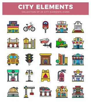 City elements collection in cartoon style with building icons and transport Stock Illustration