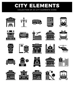 City Elements Collection Diverse Building and Transportation Icons Stockillustratie