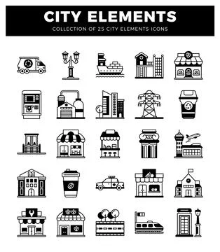City elements collection with diverse icons for urban infographics. Stock Illustration